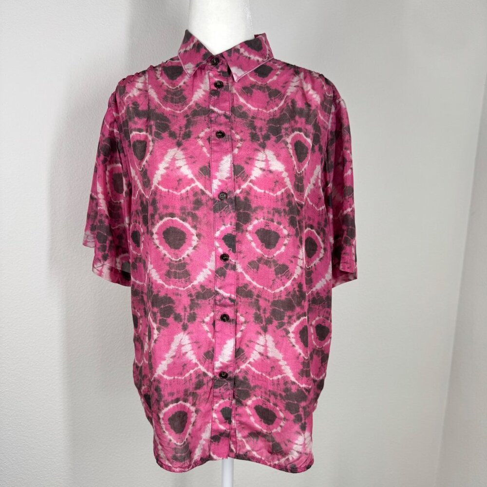 Raquel Allegra Pink Tie Dye Print Blouse 100% Silk Size 0 Short Sleeve Button Up